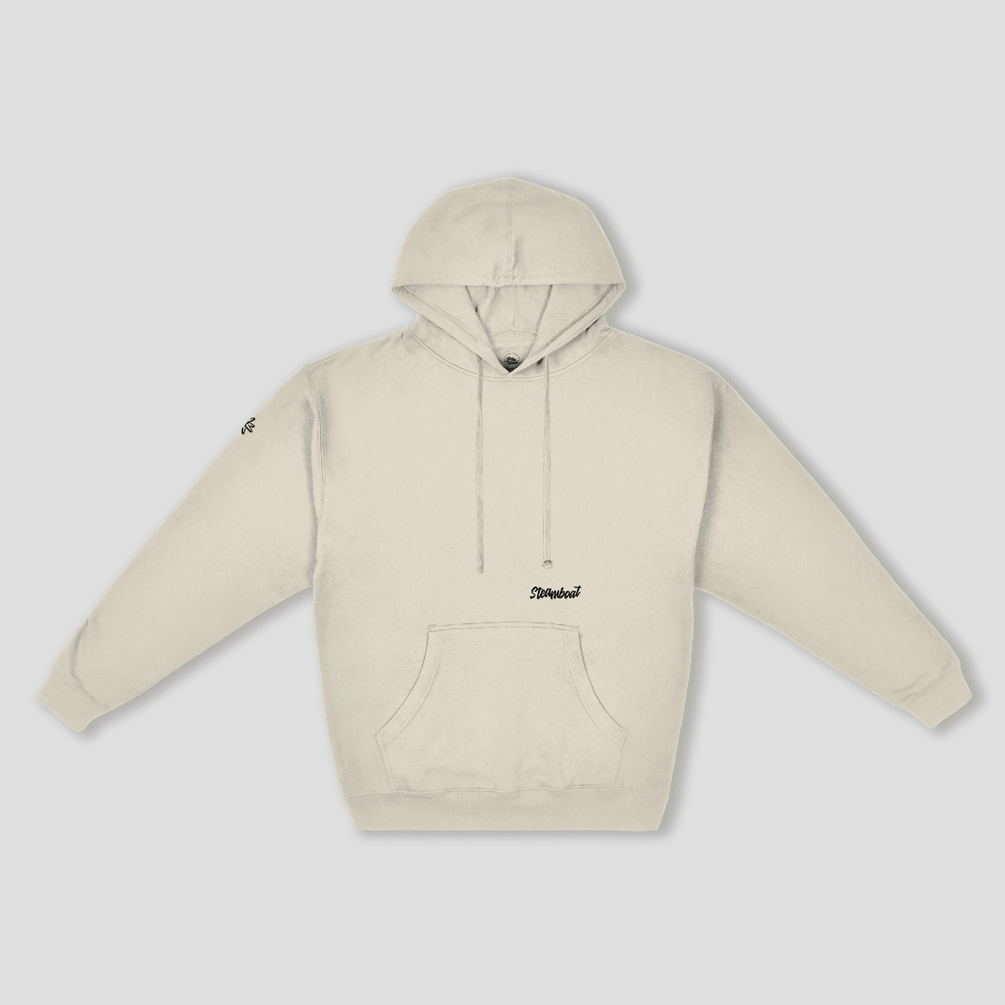 Sudadera Essential unisex beige lavado con capucha ajustable y bolsillo canguro, diseño minimalista y tejido premium de algodón y poliéster.
