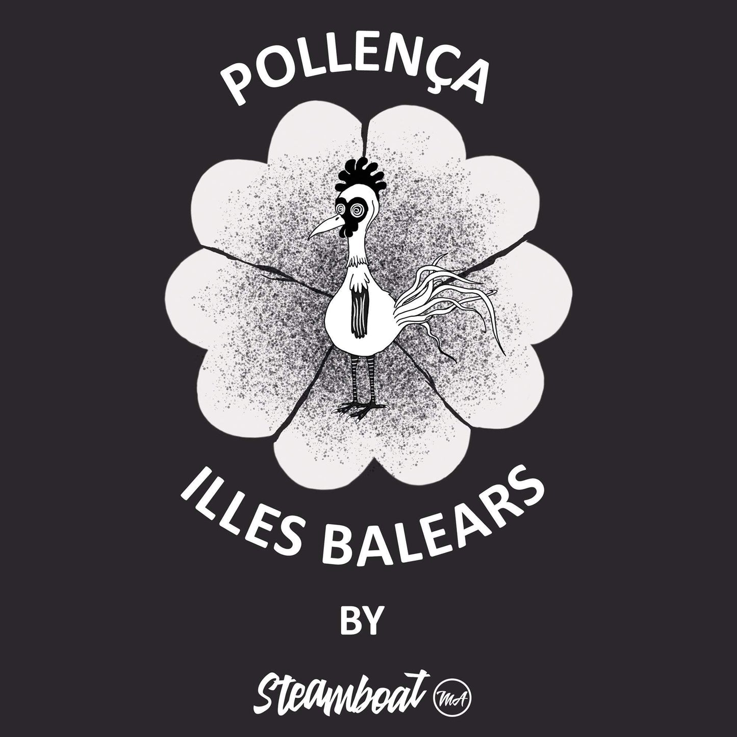 Sudadera Pollença Cropped negro lavado unisex con logo artístico y bordes deshilachados, estilo urbano mediterráneo.