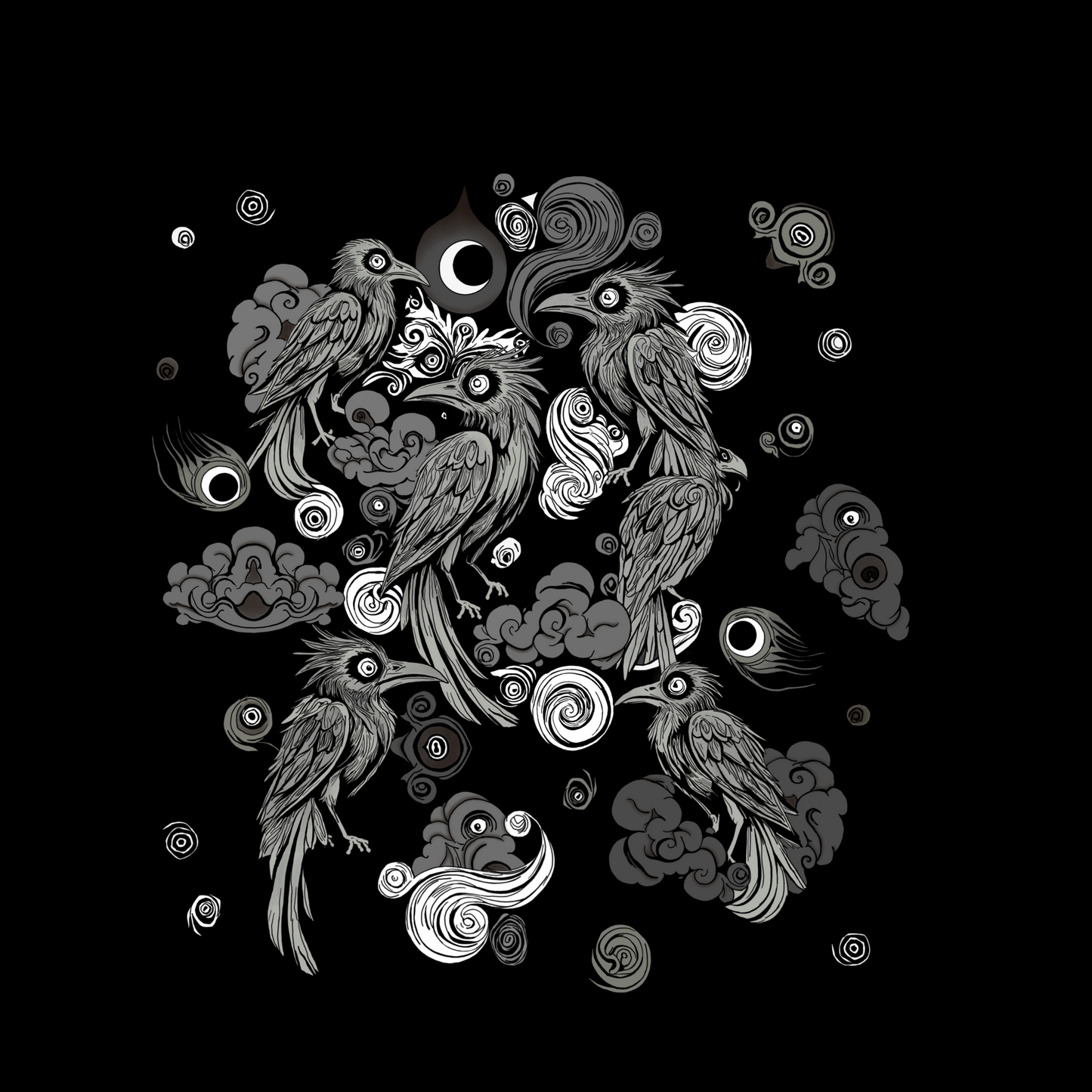 Camiseta Cuervos Nocturnos con diseño gráfico gótico y oscuro de cuervos y nubes en algodón suave.