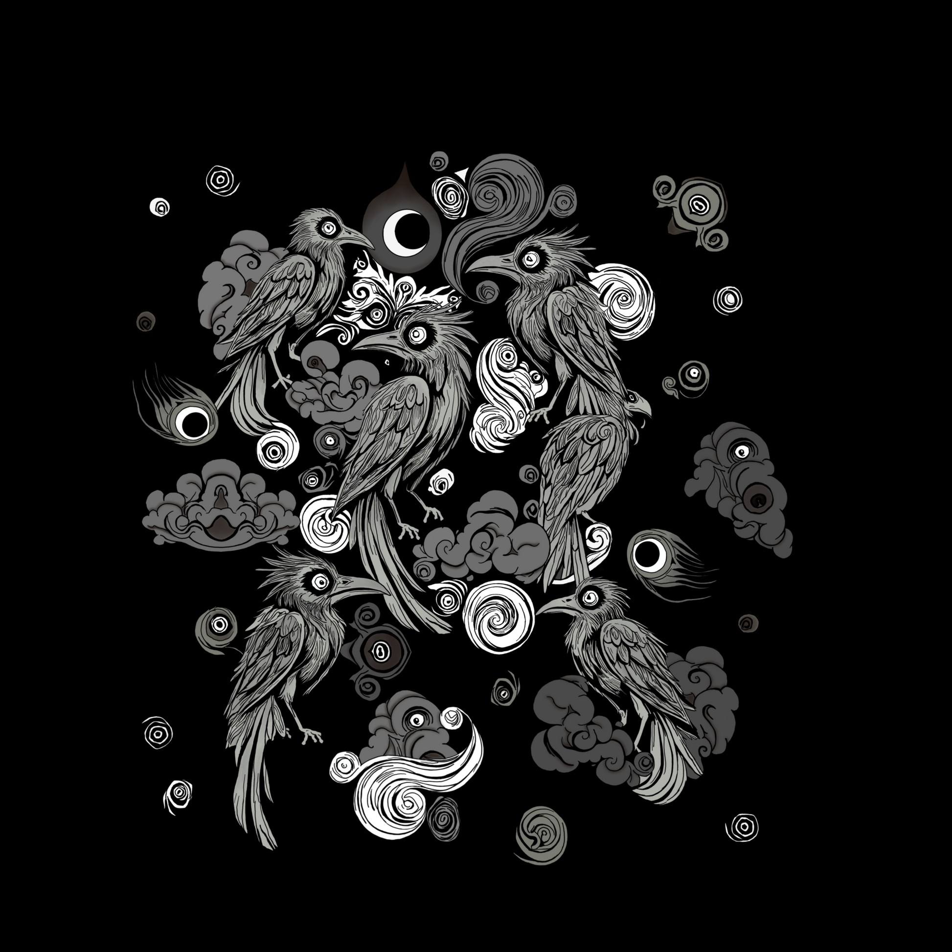 Camiseta Cuervos Nocturnos con diseño gráfico gótico y oscuro de cuervos y nubes en algodón suave.