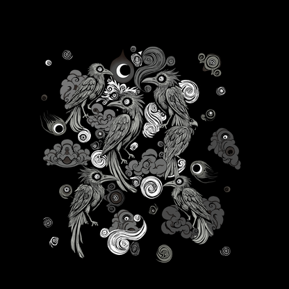 Camiseta Cuervos Nocturnos con diseño gráfico gótico y oscuro de cuervos y nubes en algodón suave.