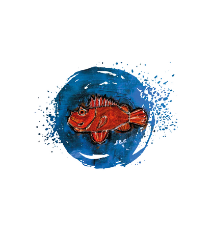Diseño exclusivo de Camiseta Cap Roig inspirado en la cultura y naturaleza mediterránea con gráfico de pez rojo sobre fondo azul.